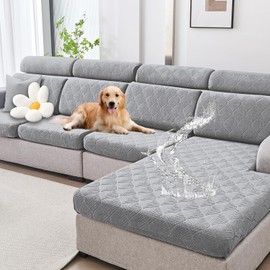 Genina 100% Waterproof Couch Cushion Covers for Pets - Stretch Sofa Seat Cover for Dogs Jacquard Non Slip Sectional Couch Covers Sofa Slipcovers Washable (1 Piece, Large, Light Gray)