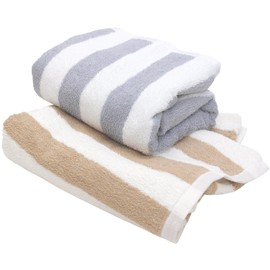 Hiorie Bath Towels, Hotel Style Towels, Set of 2, Thick Stripe, Mocha + Gray, Instant Absorption