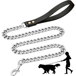 Steel Dog Chain Leash with Leather Handle,19mm Wide,Heavy Duty Dog Leash,Chew Proof Metal Leashfor Small Medium Large Dogs(Silver,90cm)