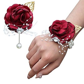 Desuness Wedding Bridal Wrist Corsage Men’s Boutonniere Handmade Satin Rose Bridesmaid Wrist Flower Corsage Flower Bridegroom Boutonniere Set for Wedding Prim Party Homecoming (Burgundy, Boutonniere)