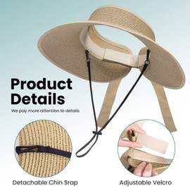 Livingston Beach Hats for Women Foldable Chin String UV Protection Roll Up Bow Visor Hat Ponytail Summer Straw Straw Sun Hats for Women Natural