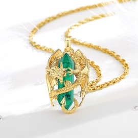 INFUSEU Crystal Dragon Necklace, Nordic Dragon Wrapped Cylinder Gemstone, Crystal Pendant, Hexagonal Healing Crystal Pendant, Gothic Natural Crystal Jewellery, Gift for Men and Women, Bronze