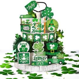 Nitial 17 Pcs St. Patrick's Day Tiered Tray Decor Saint Patrick's Day Shamrock Wood Sign Green Gnome Truck Tiered Tray Set for St. Patrick's Day Home Party Table Decor