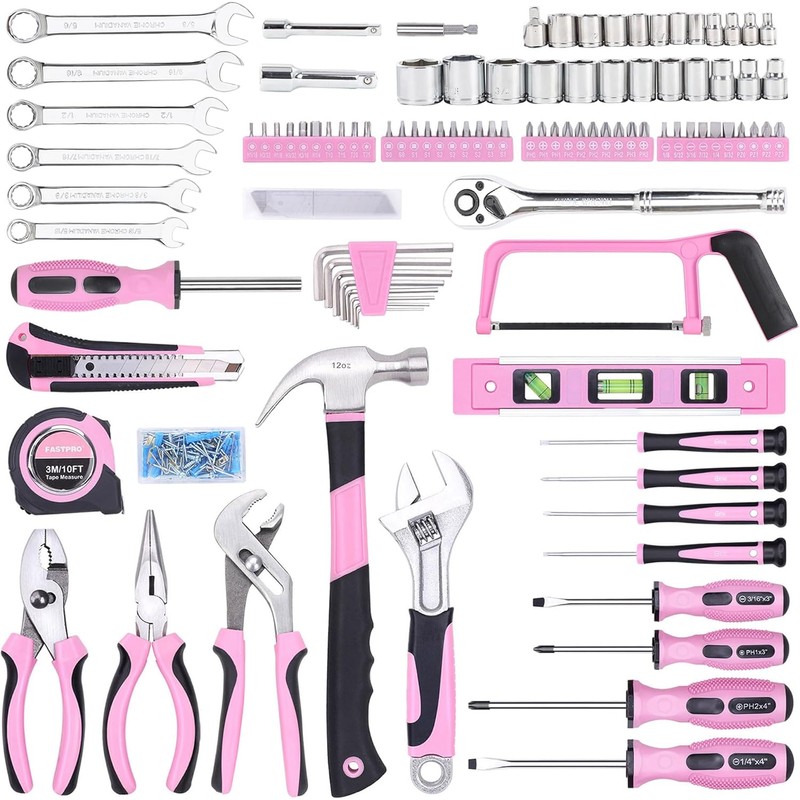 FASTPRO 198-Piece Pink Tool Set, Household Repairing Tool Set with