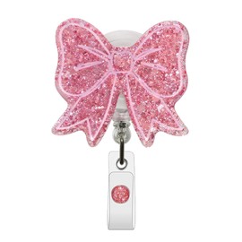 Sparkling Bow Badge Reel, with Retractable Cord and Swivel Alligator Clip, for Nurses Teachers Doctors Medical Assistants (Rose Gold)
