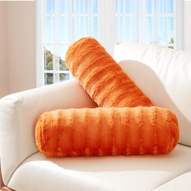 Cheer Collection Faux Fur Cylinder Pillows - Decorative Bolster Pillows for Bed, Accent Pillows for Couch, Machine Washable - 8” x 24” (2pk), Rust