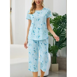 PNAEONG Women’s Pajama Set - Cotton-Blend Short-Sleeve Loose Top with Matching Capri Bottoms SY215-Blue Moon-XL