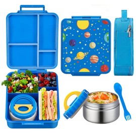 WAKSOX Bento Lunch Box for Kids Lunch Containers 4 Compartments with Soup Thermos for Hot and Cold Food Jar/Spoon/Lunch Bag Insulated Leak Proof for Boys Girls