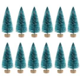 12 Pieces Artificial Mini Christmas Sisal Snow Frost Trees with Wood Base Bottle Brush Trees Plastic Winter Snow Ornaments Tabletop Trees for Christmas Party Home Decoration, Deep Green 8.5cm