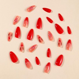 Christmas Press on Nails Medium Almond Fake Nails with Love Heart Elk Christmas Tree Designs Red French Tip False Nails Glossy Glue on Nails Acrylic Nails Stick on Nails for Women Girls 24Pcs