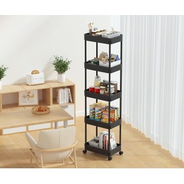 Sooyee 5-Tier Plastic Rolling Utility Cart with Wheels, Multi-Functional Storage Trolley for Office, Living Room, Kitchen, Movable Storage Organizer with Wheels,Black