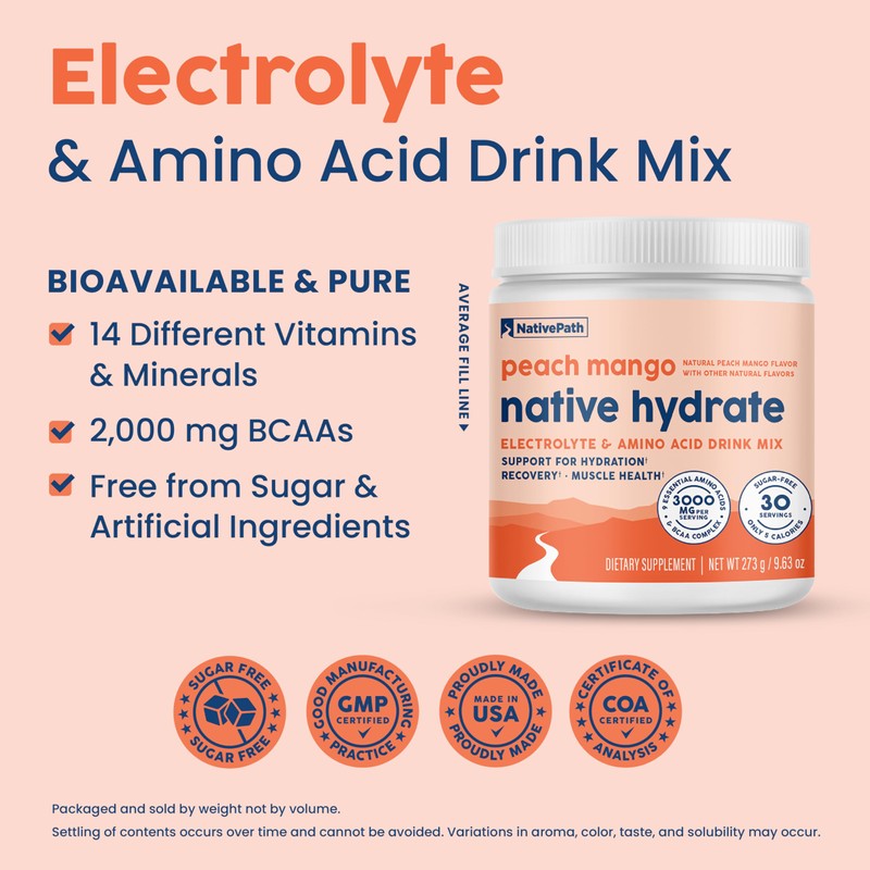 NativePath Native Hydrate, Zero Sugar, Electrolytes Powder with BCAAs, Peach