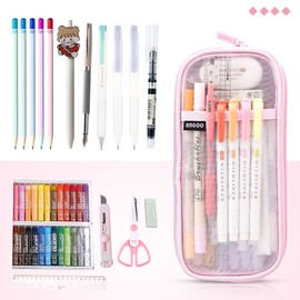 MAMUNU Mesh Pencil Case, Nylon Zip Mesh Zipper Pen Case, Transparent Examination Pencil Bag, for School Office, Teenagers, Adults, pink, Minimal