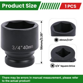 szkoo 3/4" Drive 40mm Impact Socket Chrome Molybdenum Steel 6 Point Standard Sockets Metric