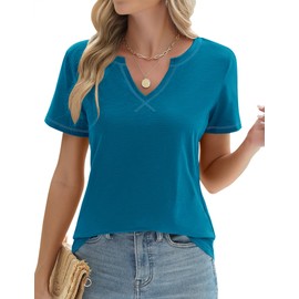 LOMON Womens Short Sleeve Cotton V Neck T Shirts Lightweight 2024 Summer Tops Cute Work Shirts Blue XL