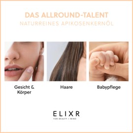 ELIXR - Organic Apricot Kernel Oil Cold Pressed - For Face, Body & Hair - Care Oil Moisturising & Rejuvenating - Made in Germany