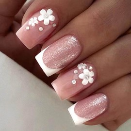 Enppode Medium Press on Nails Square Fake Nails White French Tip Nails Pink Nails Glossy Full Cover Nails for Women 24 PCS/Set