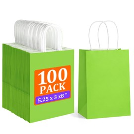 BagDream 5.25x3x8 Inch 100Pcs Green Gift Bags with Handles Small Kraft Paper Bags Bulk for Welcome Party Favors, Baby Shower, Goody, Treat, Retail, Grocery Paper Sacks