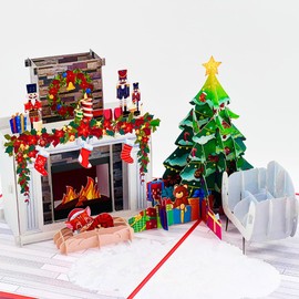 Three Dee Cards Modern Christmas Fireplace Pop Up Card - 3D Living Room Atmosphere with Tree, Presents, and Armchair - Elegant Holiday Greeting Perfect for Festive Season