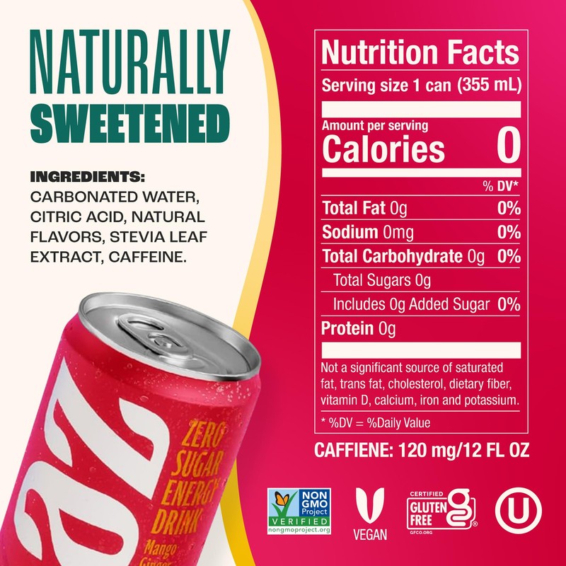 Zevia Zero Sugar Energy Drink, Mango Ginger, 12 oz Cans