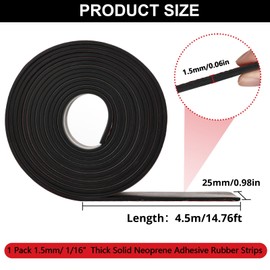 Phiocxem Neoprene Solid Rubber Strips Self Adhesive Rubber Sheet,Rolls & Strips with Adhesive Backing for Matting Padding,Insulation Cushion,DIY Gaskets Seals(1" Wide x 15’ Long x 1/16" Thick)