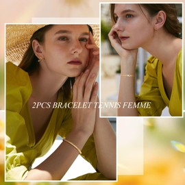 VNOX Women's Bracelet Gold Women's Tennis Bracelet 17 cm 2 Pieces Women's Bracelets Zirconia 4 mm Wide Stainless Steel Jewellery Gift for Girls Mum Friend Daughter