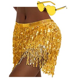 Sequin Skirt Fringe Skirt Belly Dance Hip Skirt Rave Party Costume Sparkle Skirt with Heart Sunglasses for Women and Girls, Yellow, 33 Short