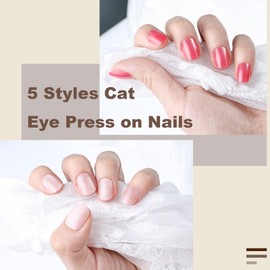 Yazikisa Short Press on Nails Cat Eyes 150 Pcs Square Round Fake French Nail Tips Fashion Glitter Acrylic Gel False Glue on Manicure Art Reusable 15 Sizes