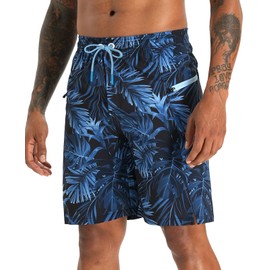 APTRO 2 in 1 Men's Swim Trunks 9" with Zipper Pockets Bathing Suit Built-in Board Shorts Swimwear Long Shorts Palm Blue L