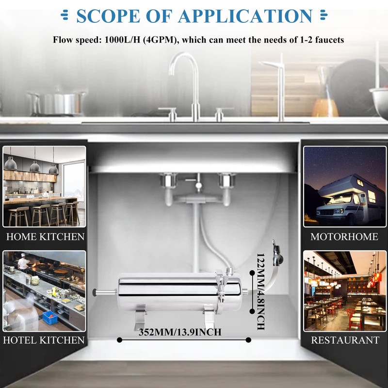 Consfly Ultrafiltration Water Filter 0.01 Micron Stainless Steel Under Sink