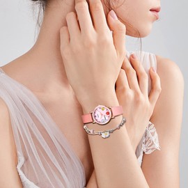 JewelryWe Watch and Bracelet Set for Women Girls Analog Quartz Round Cute Wristwatch Leather Casual Bracelet Watch for Students