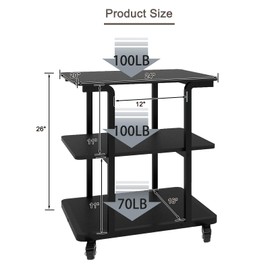 Natwind 3Tiers Larger Printer Stand 24''x20''x26'' Printer Table with Storage Shelf Rolling Printer Cart with Wheels Multifunctional Shelves for Home Office（Black）