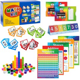 Excello Global Educational Math Kit - 315 Piece Set Includes Educational posters, flash cards, math cubes, flip chart, and sliding fact finders