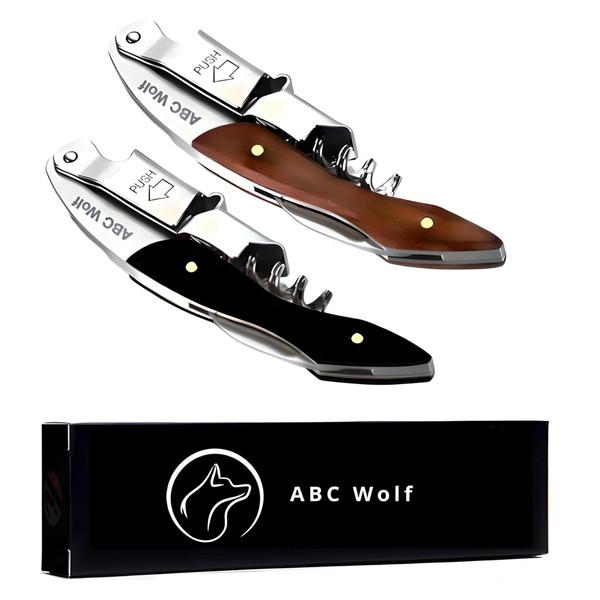 Premium ABC Wolf Brand Wine Opener, Professional Waiters Corkscrew with Foil Cutter & Dual Hinge, Stainless Steel Wine Key for Servers and Bartenders Sacacorchos (Black)