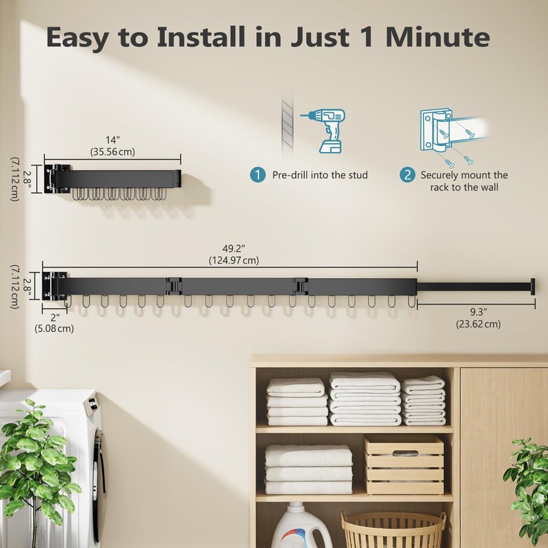 JAUREE Clothes Drying Rack Wall Mounted, Space-Saving Drying Rack Clothing,