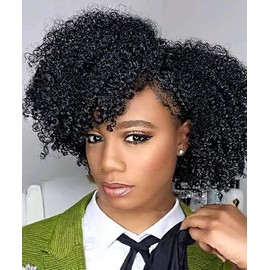 Human Hair Wigs For Black Women Afro Kinky Curly Wigs 100% Human Hair Wigs Glueless None Lace Wigs Afro Hair Wigs 180% Density 14 Inch Natual Black Color