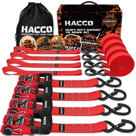 HACCOPLANET Ratchet Straps, 5280lb Break Strengeth, 1.6" Heavy Duty Ratchet Tie Down Strap Set w/Padded Handle, S Hook, Soft Loop for UTV Motorcycle Truck Cargo Straps (Red, 8FT)
