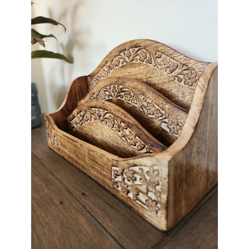Purity Style Rustic Carved Wooden Letter Rack/Desk Tidy - Three