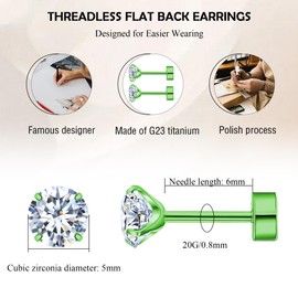 ZDE Titanium Women Flatback Earrings Green Plated Cubic Zirconia Stud Earrings 5mm Flat Back CZ Earrings Hypoallergenic Cartilage Flatback Earring Tragus Helix Tragus Conch Piercing 3mm-5mm, 5MM,