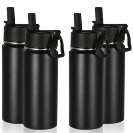 Volhoply 16 OZ Kids Water Bottle Bulk 4 Pack,Insulated Sports Bottles with Straw Lid,Stainless Steel Bottle with Handle Keep Cold & Hot,Double Wall Vacuum Thermo Cups for School,Girls(Black,Set of 4)