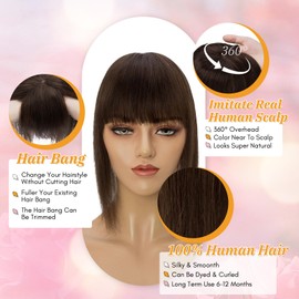 Elailite Hair Topper, Real Hair, Toupee Women's with Long Fringe, Clip-In Hairpiece, Hair Topper Base 10 x 10 cm (no line), 35 cm, #2 Dark Brown