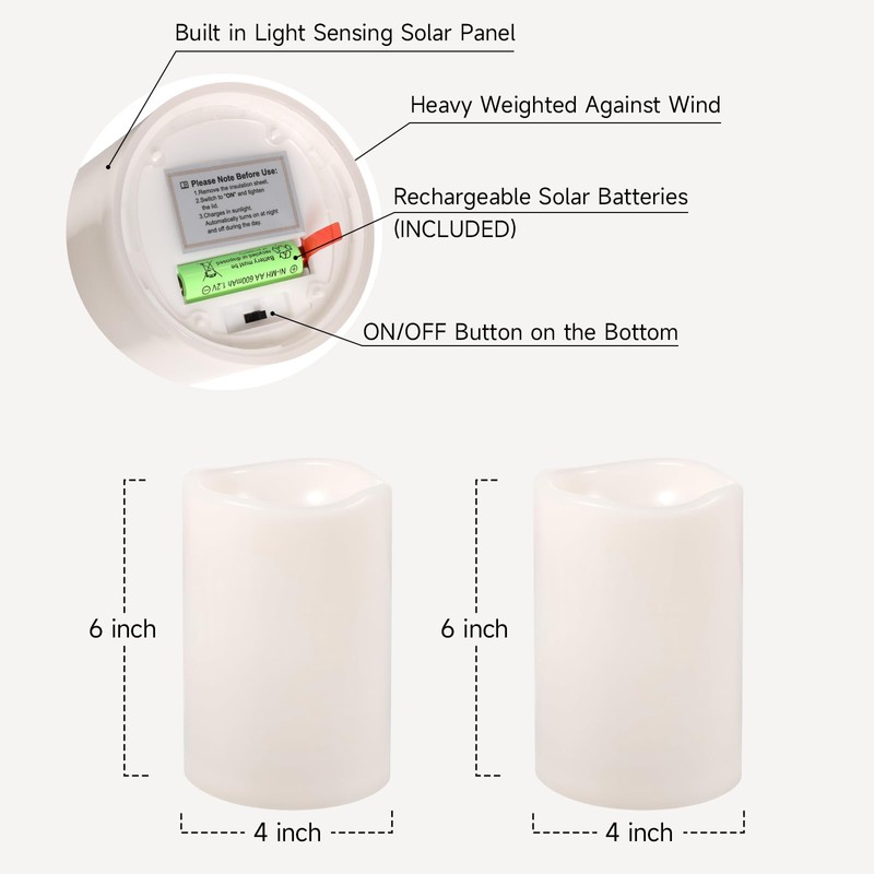 NURADA Large Outdoor Solar Candles Waterproof - 6" x 4"