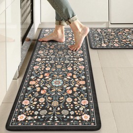 KIMODE Comfort Kitchen Mats for Floor Cushioned Anti Fatigue,Boho Vintage Floral Kitchen Rug Non Slip,Memory Foam Waterproof Standing Carpet for Laundry Sink Office,Black