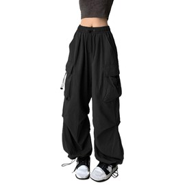 TSMNZMU Womens Baggy Cargo Pants Casual Hiking Trousers Loose Fit Parachute Pants Y2K Hight Waist Mutil Pocket Trousers Black