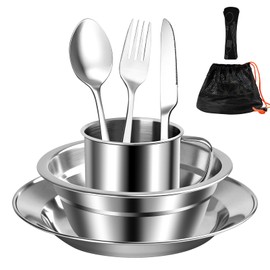 MYHOGOOD Camping Cutlery Set,Stainless Steel Tableware Mess Kit with Plates Cups Forks Spoons Knives,8 in 1 Flatware Dinnerware Utensils Set with Mesh Bag for Outdoor Camping Hiking Picnic(1, Silver)