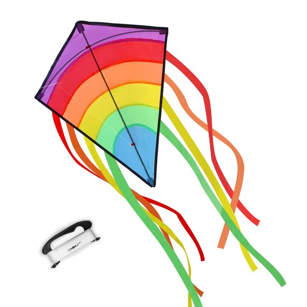 ECHOCUBE Huge Rainbow Diamond Kite for Kids & Adults, Easy to Fly Kite with 8 Long Tails and 100M Kite String, Great Outdoor Toy for Beach, Park and Family Time (73 * 65cm)