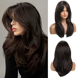 Oufei Long, Straight, Dark Brown, Layered Synthetic Hair Wigs with Fringe for Women, Daily Wear, Party, 51 cm