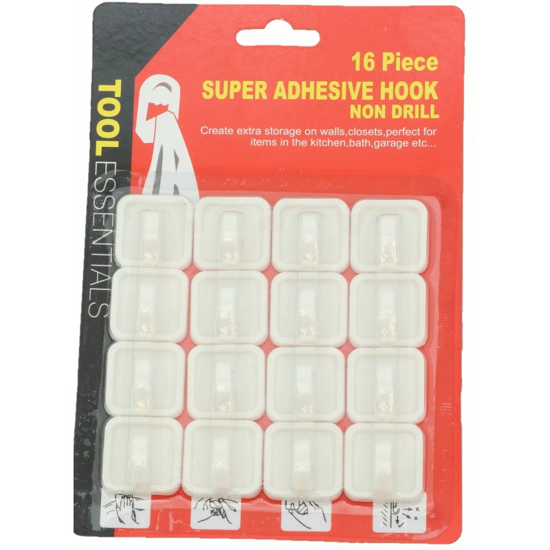 Tool Essentials 16pc Plastic Hooks with Self Adhesive No Tools
