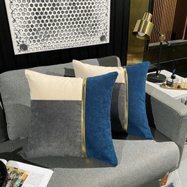 QIYIQI Gray Blue White Gold Leather Patchwork Velvet Throw Pillow Covers 18 x 18 Inches Luxury Modern Cushion Cases Decorative Pillows for Couch Living Room Bedroom (Gray+Blue+White)