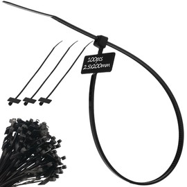 Marker & Labelling Cable Ties - Black & White, Strong Zip Ties - Available in 2.5mm x 100mm & 2.5mm x 200mm, Pack of 100 (Black, 2.5mmX200mm)